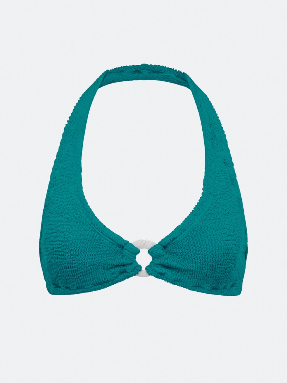 Textured Teal Halter Bikini Top with Center Ring - Women Swimwear